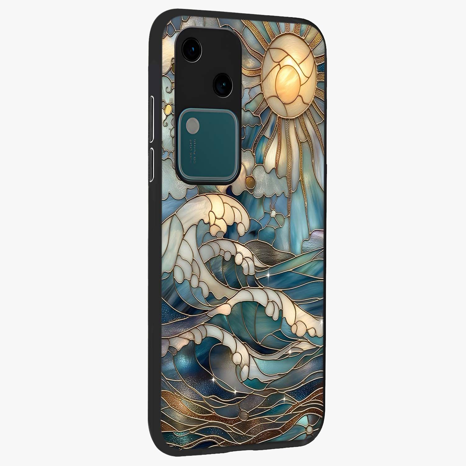 Oceanic Stained Printed Glass Case upright view showcasing decorative ocean pattern artwork with vibrant marine theme.