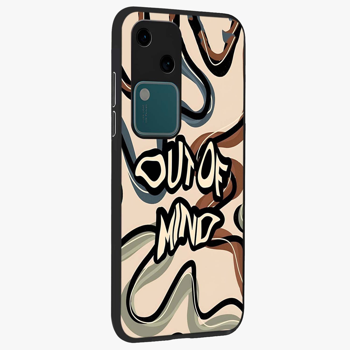 Out Of Mind Glass Case upright view showcasing striking typography artwork with edgy conceptual theme.