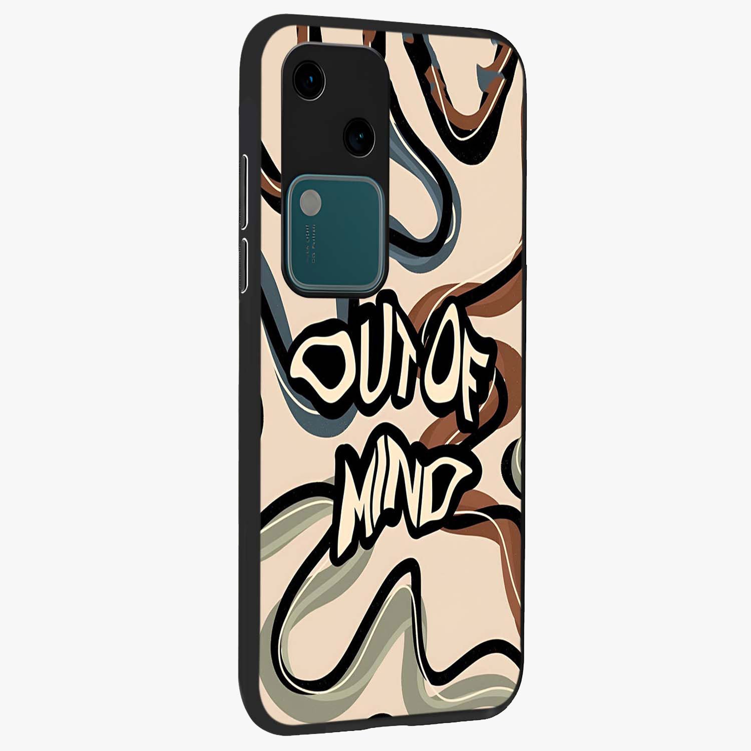 Out Of Mind Glass Case upright view showcasing striking typography artwork with edgy conceptual theme.