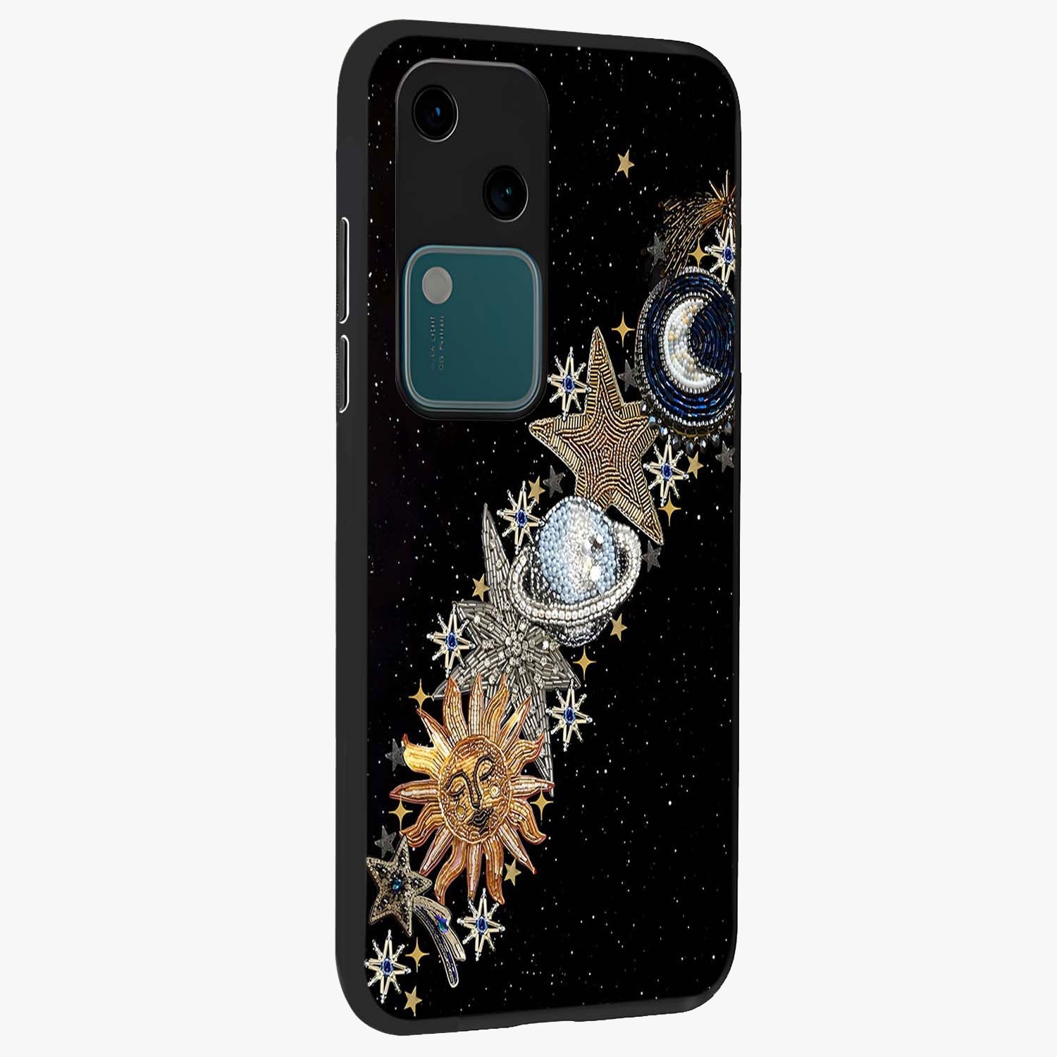 Pearls Universe Object Glass Case upright view showcasing decorative pearl themed artwork with cosmic elegance.
