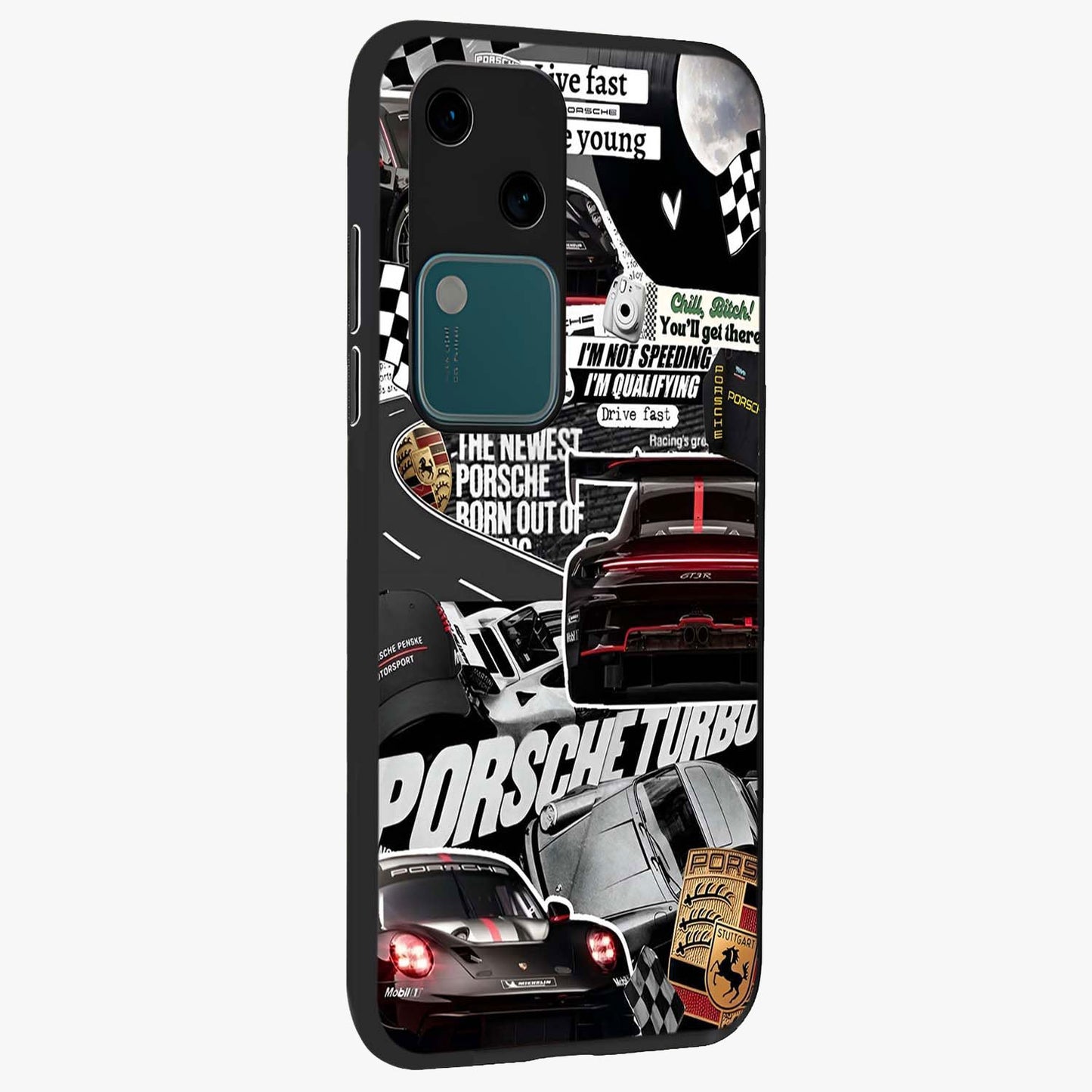 Porsche Racing Collage Glass Case upright view showcasing energetic car collage artwork with high speed racing theme.
