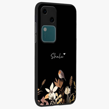 Quiet Garden Tune Custom Name Glass Case upright view showcasing serene botanical artwork with personalized aesthetic.
