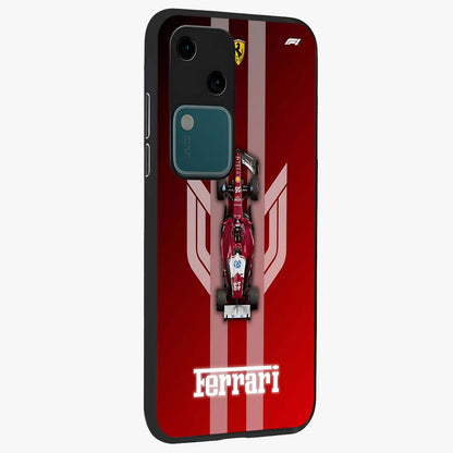 Red Ferrari F1 Vertical Glass Case upright view showcasing powerful Formula car artwork with dynamic motorsport theme.