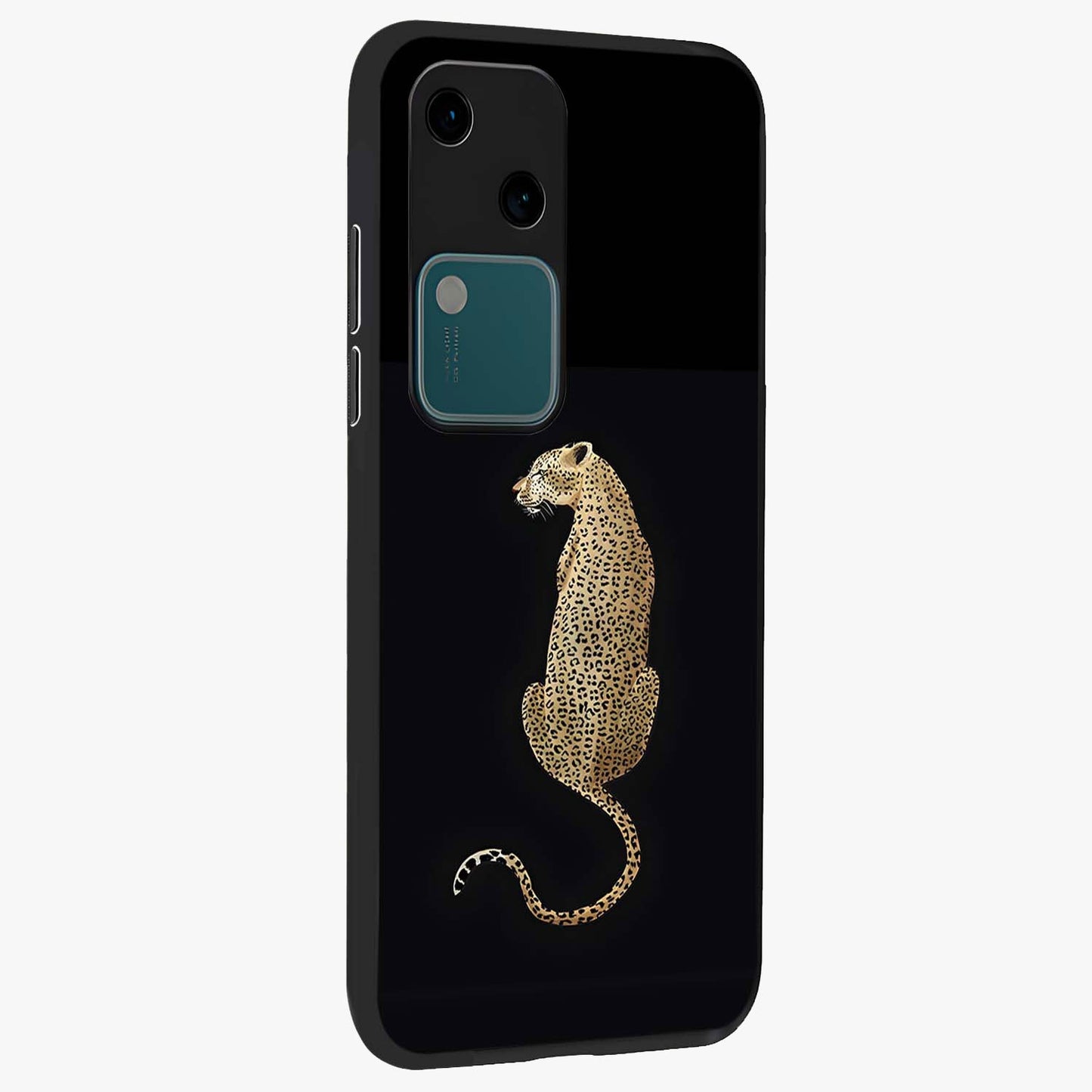 Regal Leopard Glass Case upright view showcasing striking leopard artwork with fierce wildlife theme.