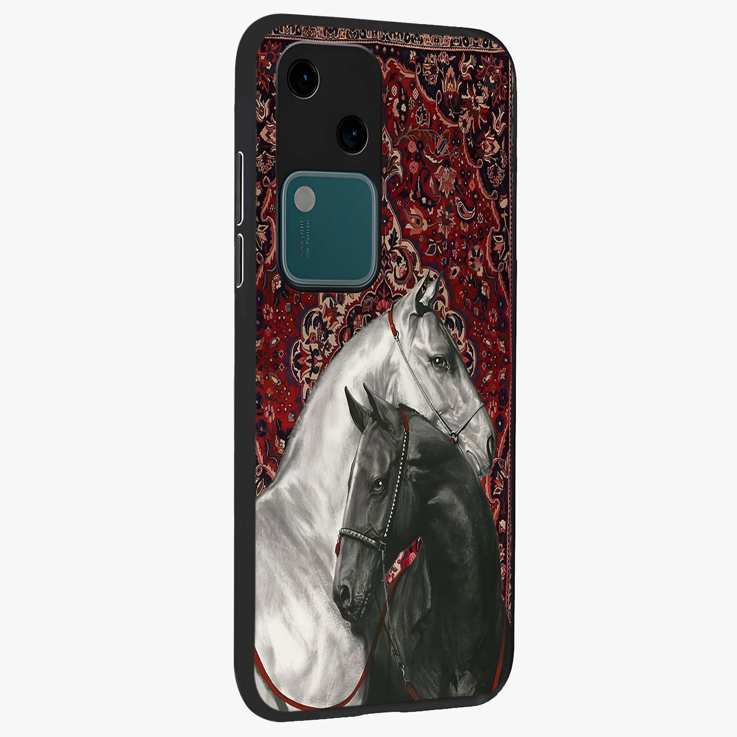 Regal Stallion Tapestry Glass Case upright view showcasing powerful horse artwork with elegant tapestry theme.