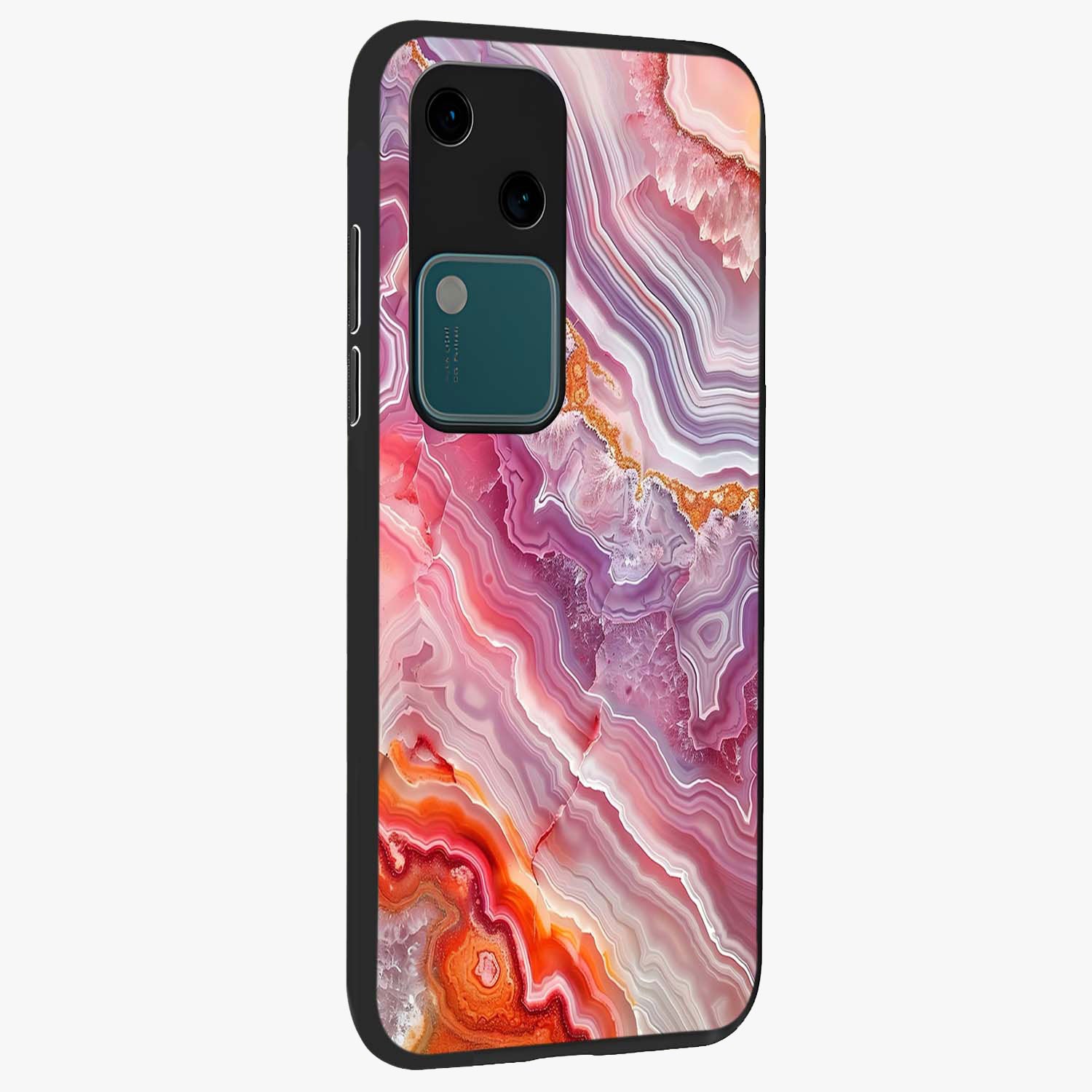 Rose Quartz Marble Glass Case upright view showcasing decorative marble artwork with luxurious pastel theme.
