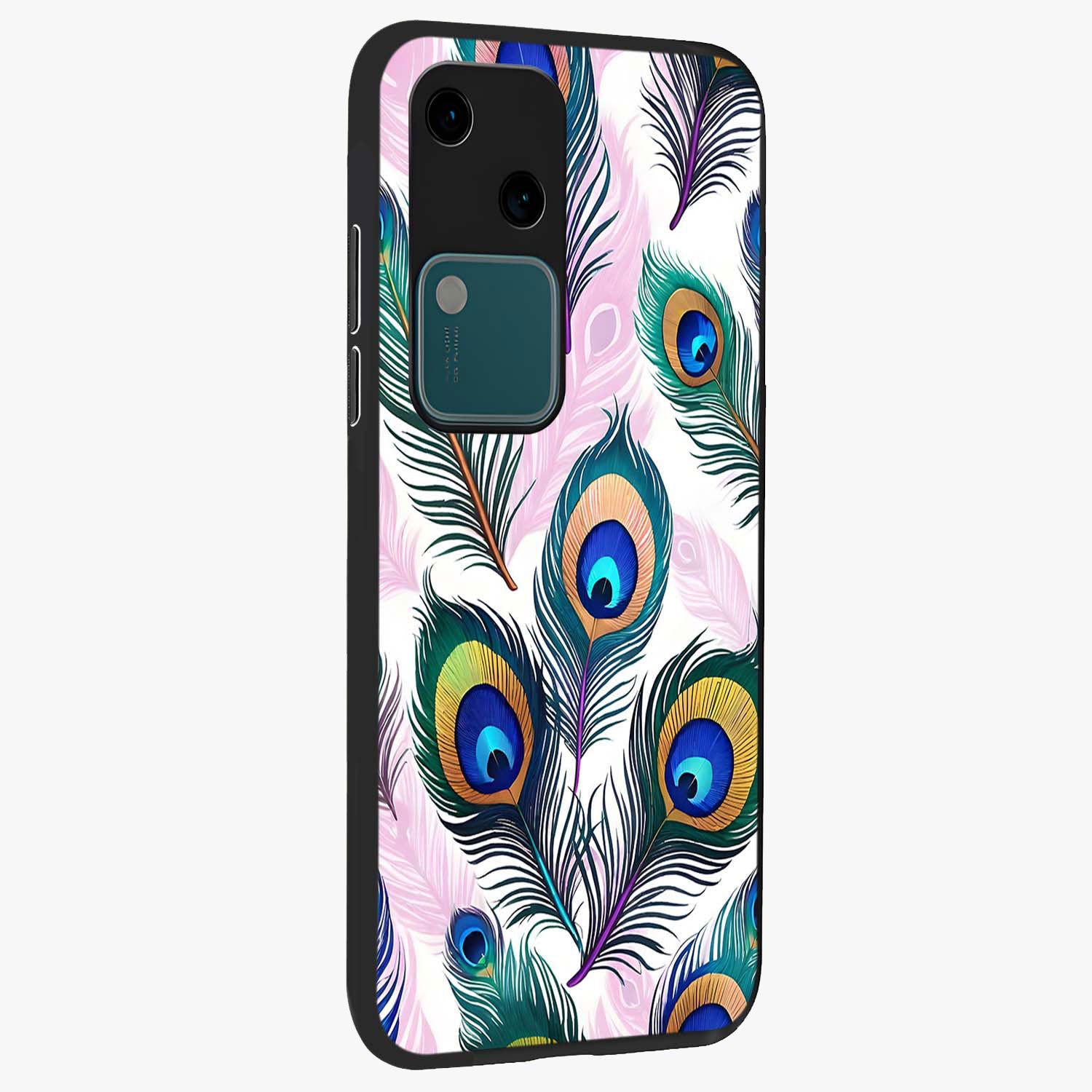 Royal Peacock Feathers Glass Case upright view showcasing elegant peacock feather artwork with decorative royal theme.
