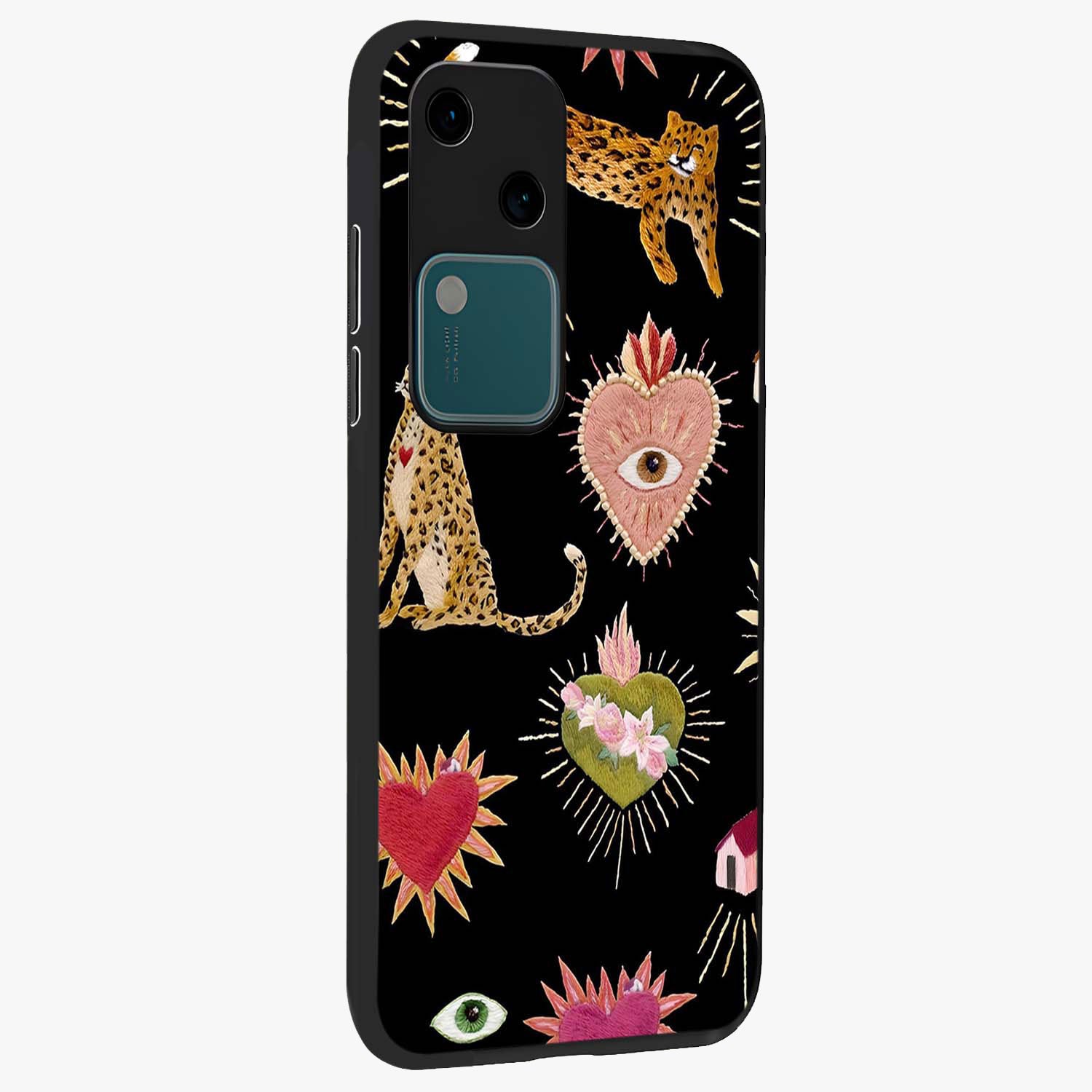 Sacred Jungle Heart Glass Case upright view showcasing vibrant jungle artwork with symbolic heart theme.