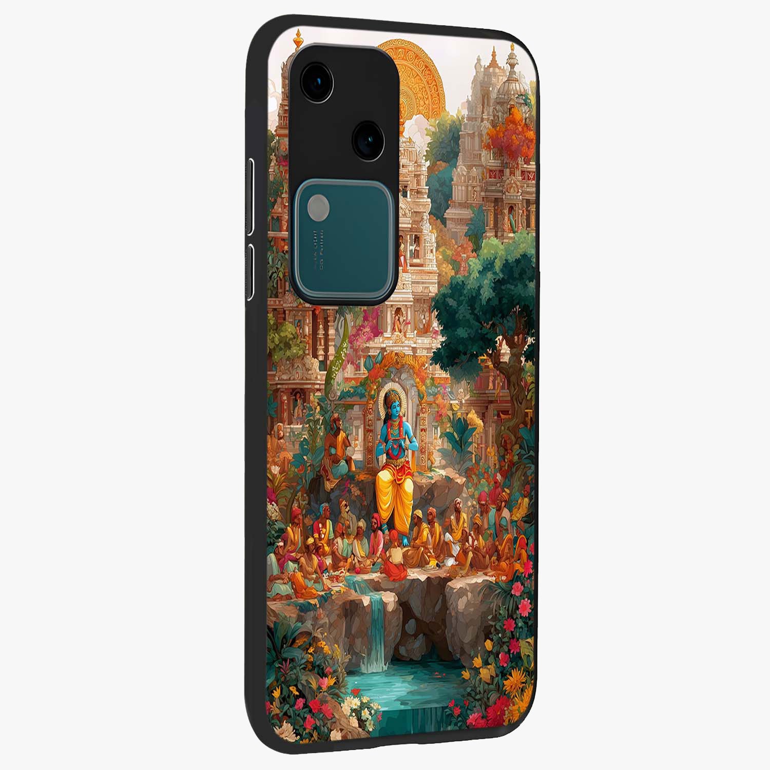 Sacred Sunlight Gods Glass Case upright view showcasing glowing divine artwork with sacred mythological theme.
