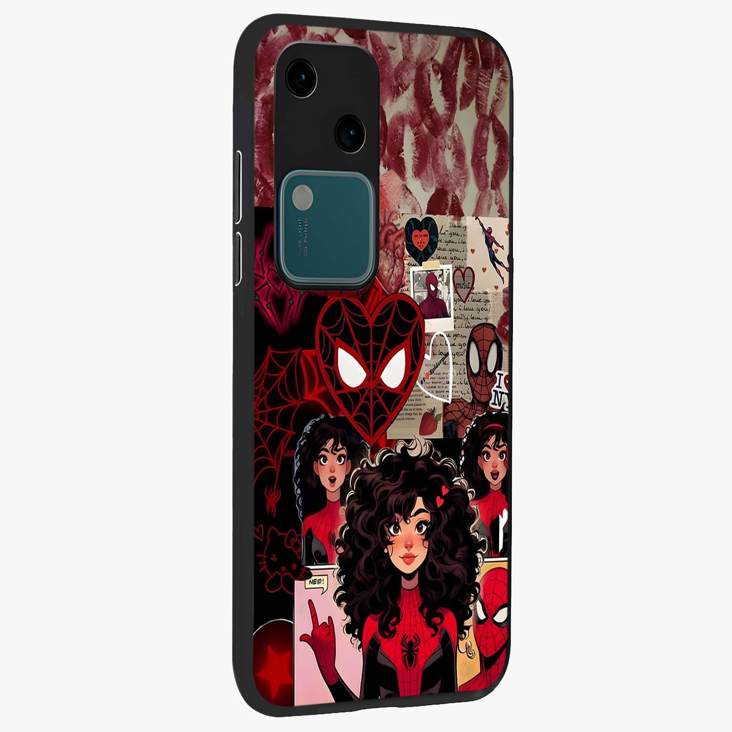 Spider Love Story Glass Case upright view showcasing charming superhero artwork with romantic comic theme.