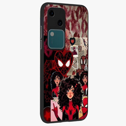 Spider Love Story Glass Case upright view showcasing charming superhero artwork with romantic comic theme.