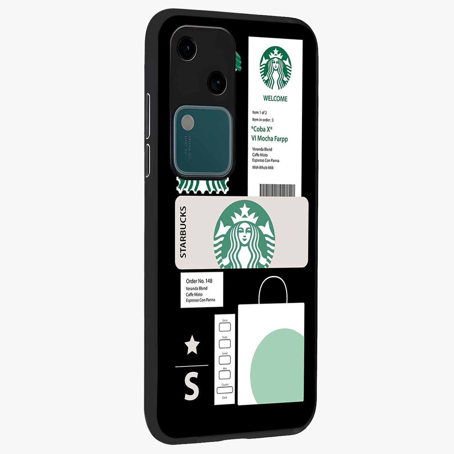Starbucks Mocha Glass Case upright view showcasing trendy coffee inspired artwork with modern lifestyle theme.