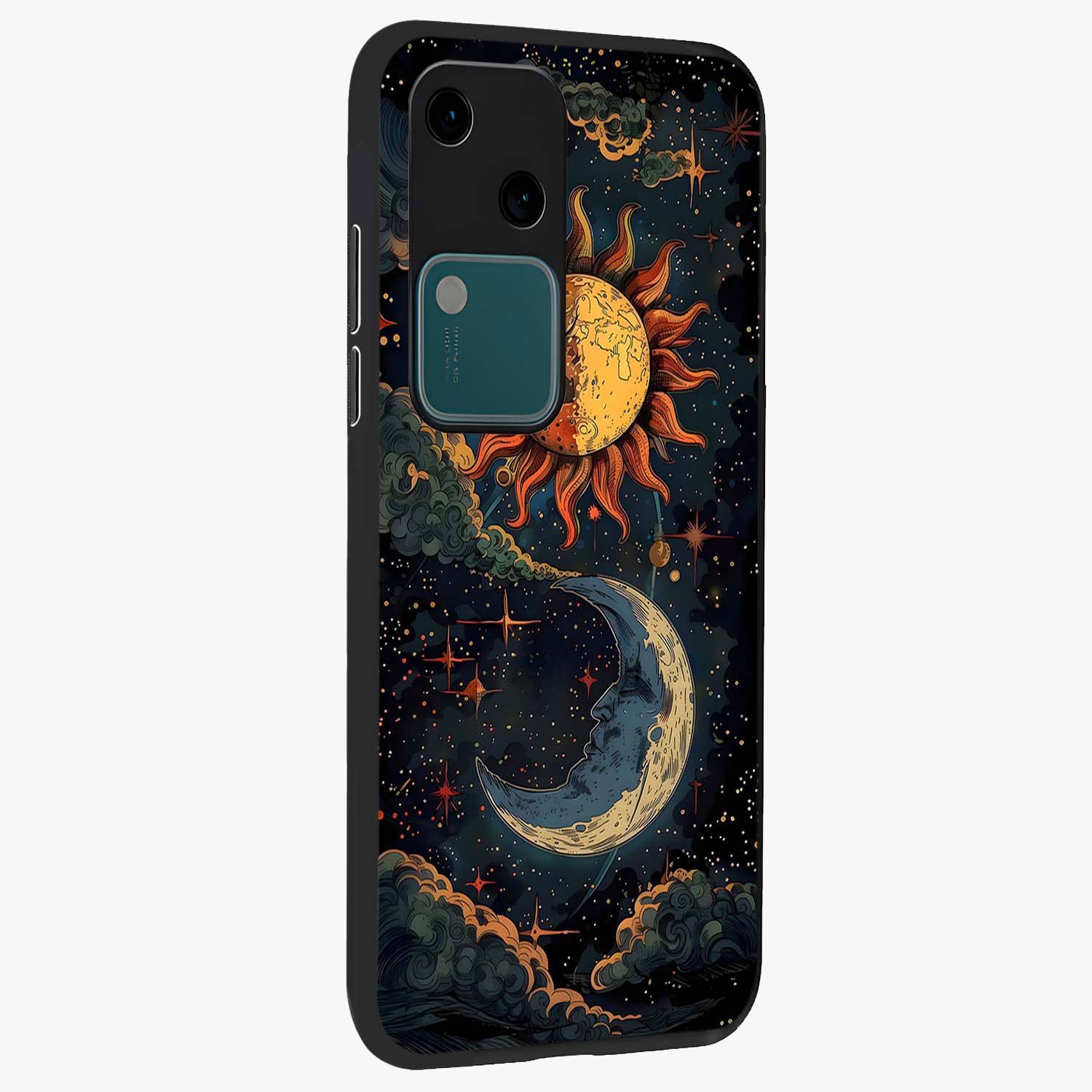 Sun And Moon Magic Design Glass Case upright view showcasing decorative sun and moon artwork with spiritual celestial theme.