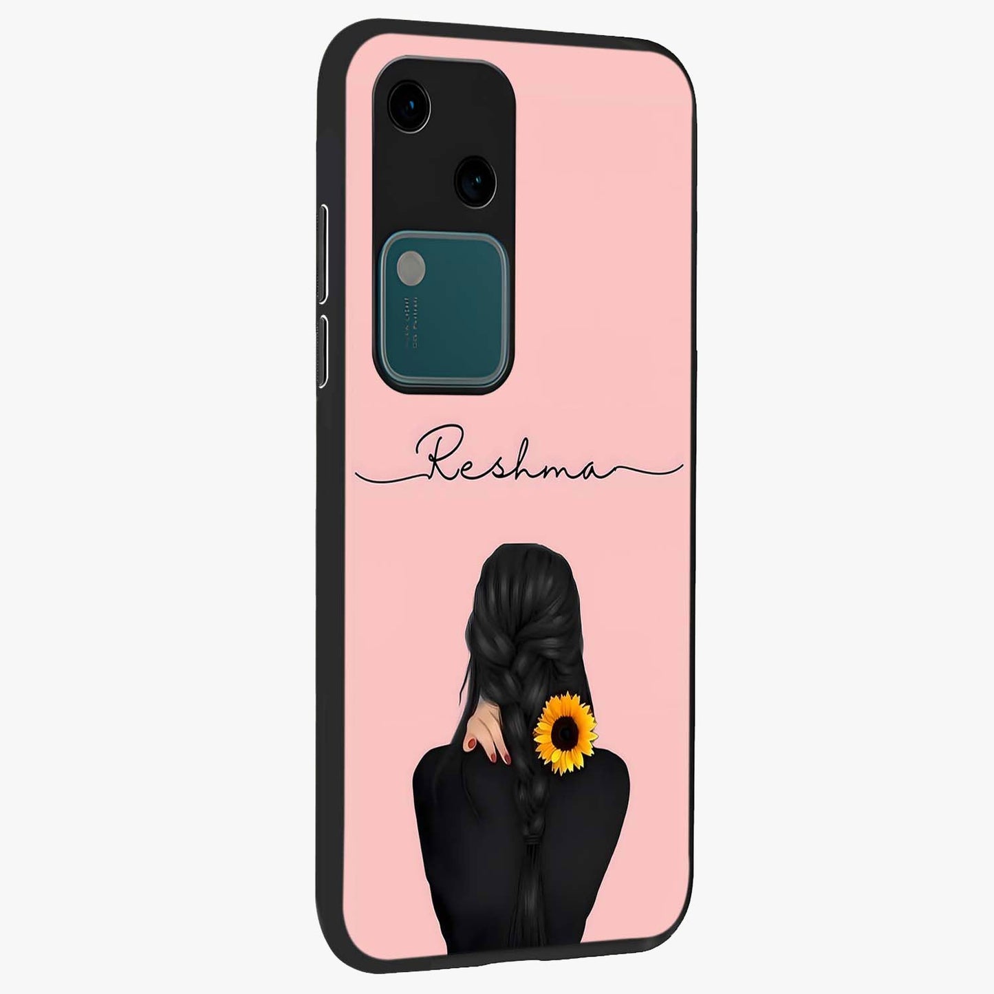 Sunflower Braid Beauty With Custom Name Glass Case upright view showcasing bright sunflower artwork with personalized floral aesthetic.