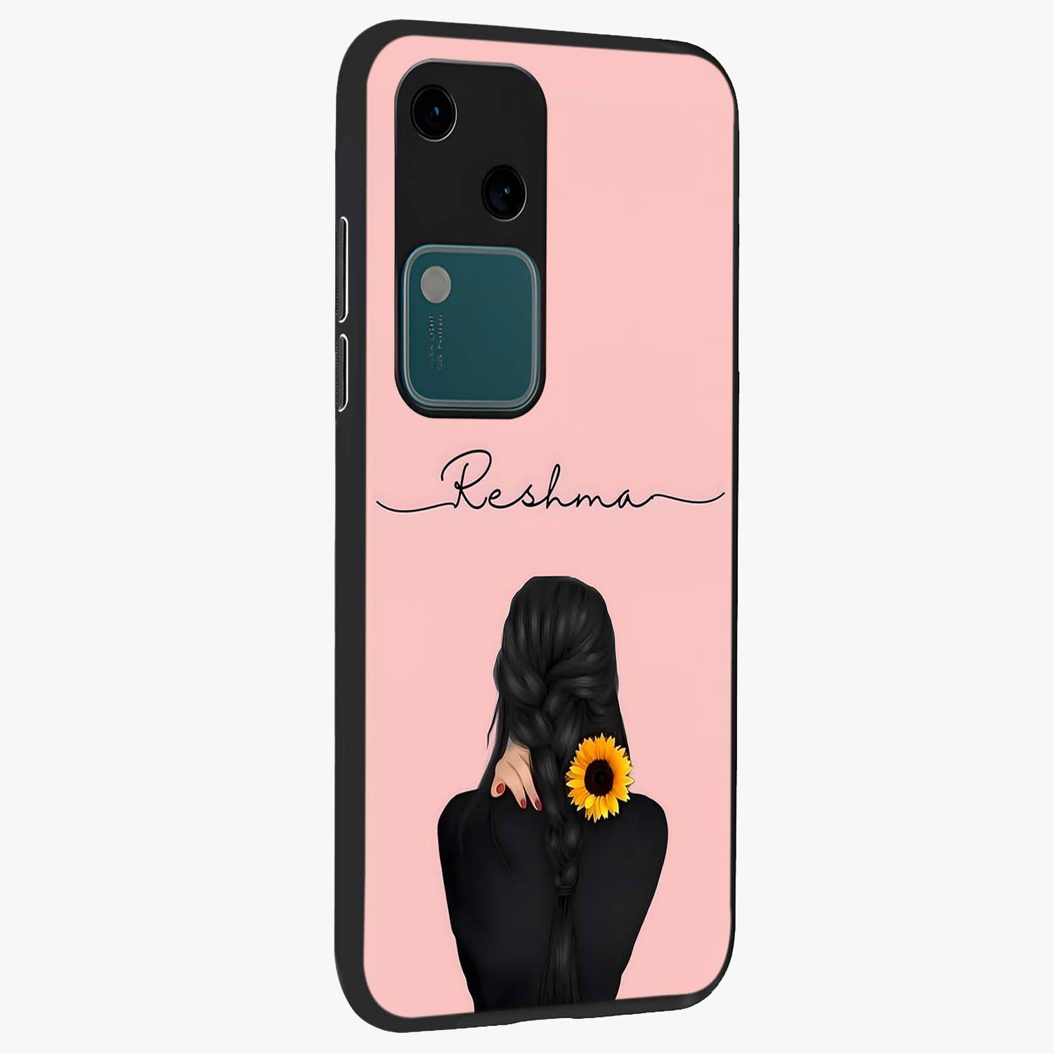 Sunflower Braid Beauty With Custom Name Glass Case upright view showcasing bright sunflower artwork with personalized floral aesthetic.