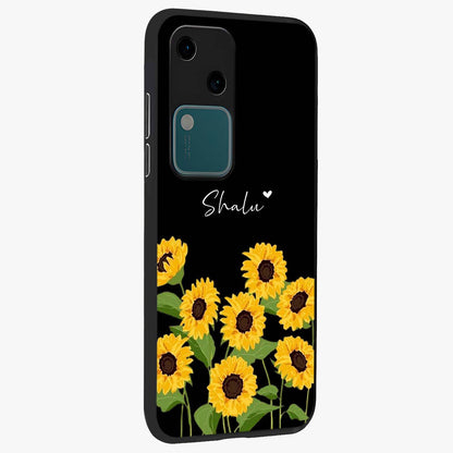 Sunflower Chic Mood Custom Name Glass Case upright view showcasing cheerful sunflower artwork with trendy floral theme.