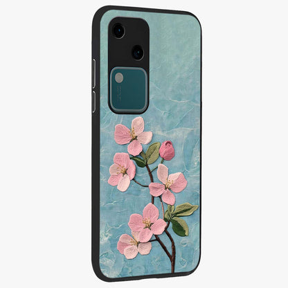 Threaded Blossom Breeze Glass Case upright view showcasing graceful flower artwork with calm botanical theme.
