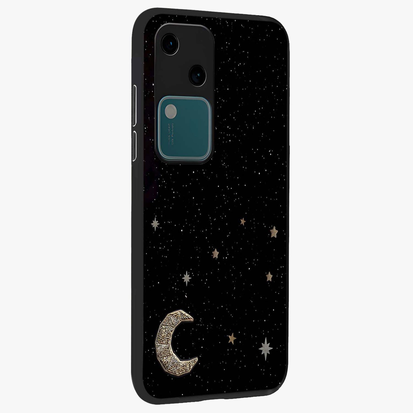 Twinkle Star With Half Moon Glass Case upright view showcasing glowing cosmic artwork with dreamy night theme.