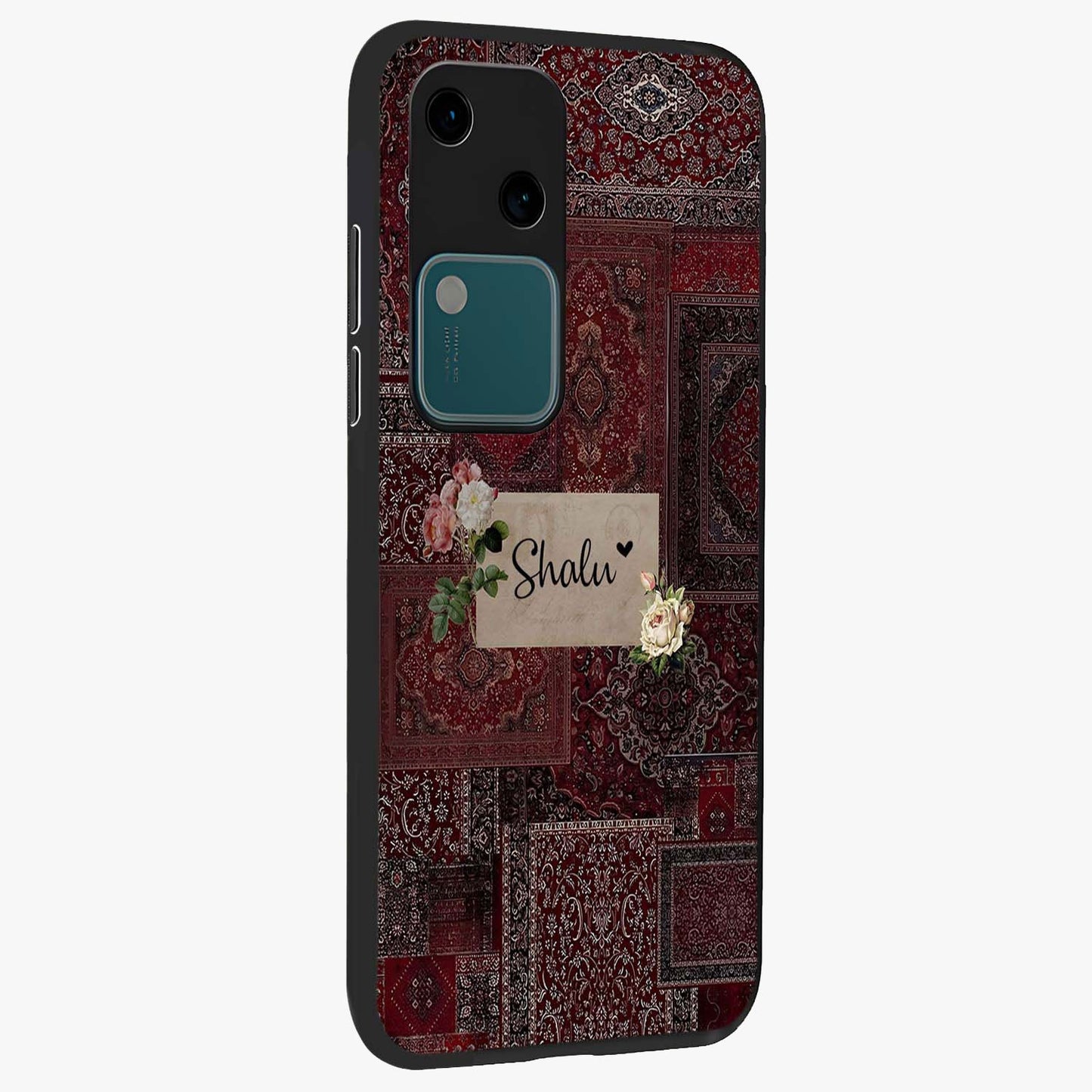 Velvet Wine Pattern Custom Name Glass Case upright view showcasing luxurious wine toned artwork with personalized aesthetic.