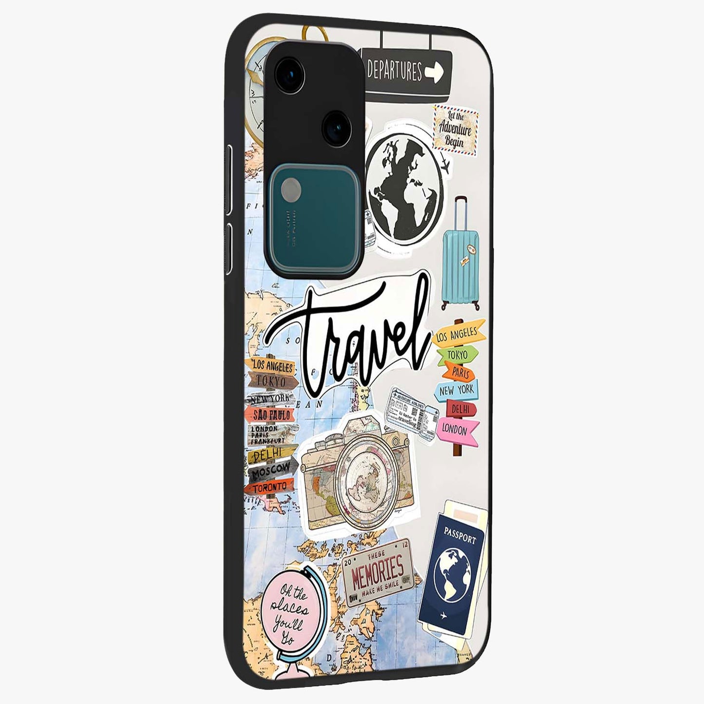 Wanderlust Journal Glass Case upright view showcasing wanderlust inspired artwork with creative exploration theme.