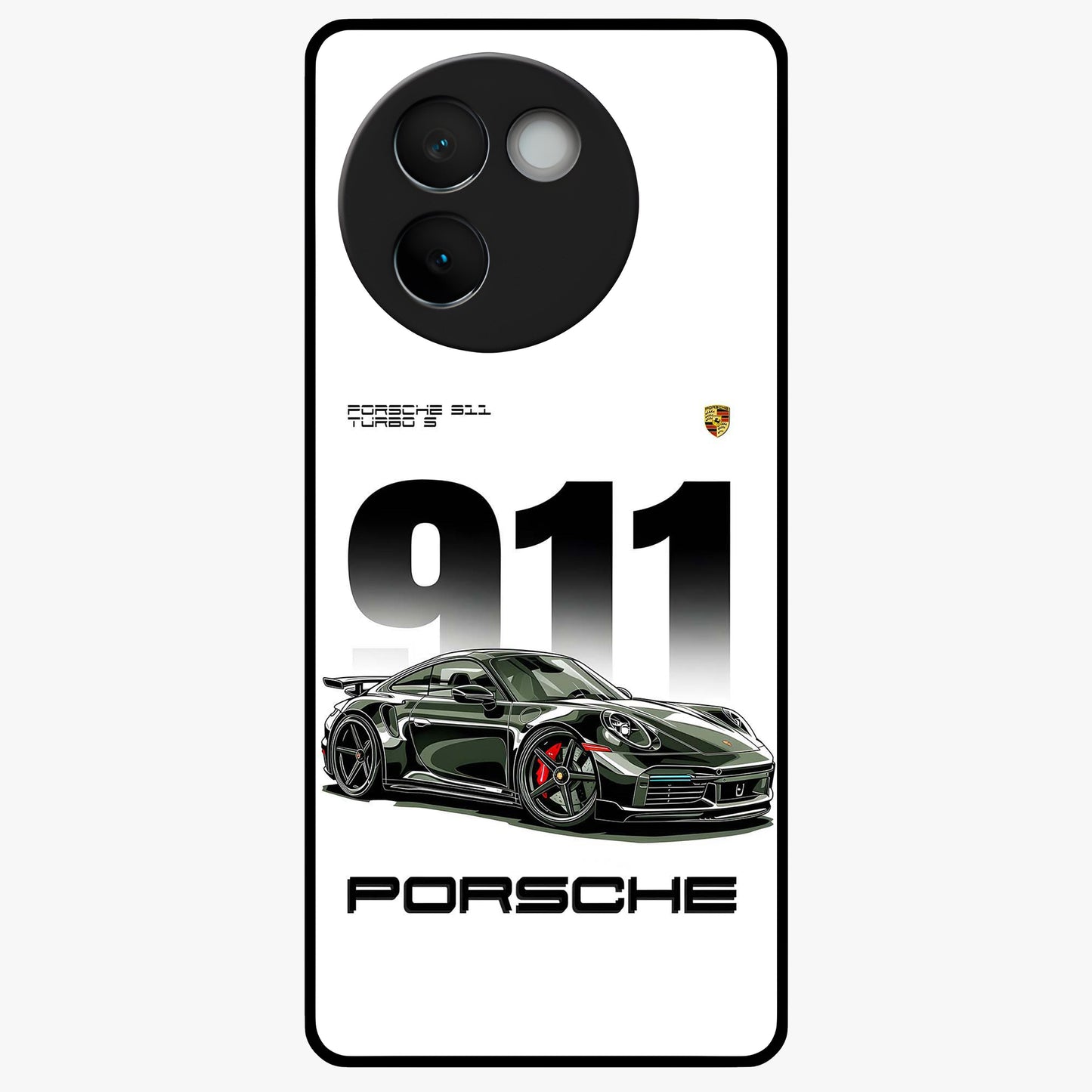 911 Turbo Dominance Glass Case showing clean flat back view with bold 911 sports car artwork and glossy glass finish.