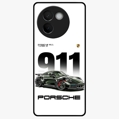 911 Turbo Dominance Glass Case showing clean flat back view with bold 911 sports car artwork and glossy glass finish.