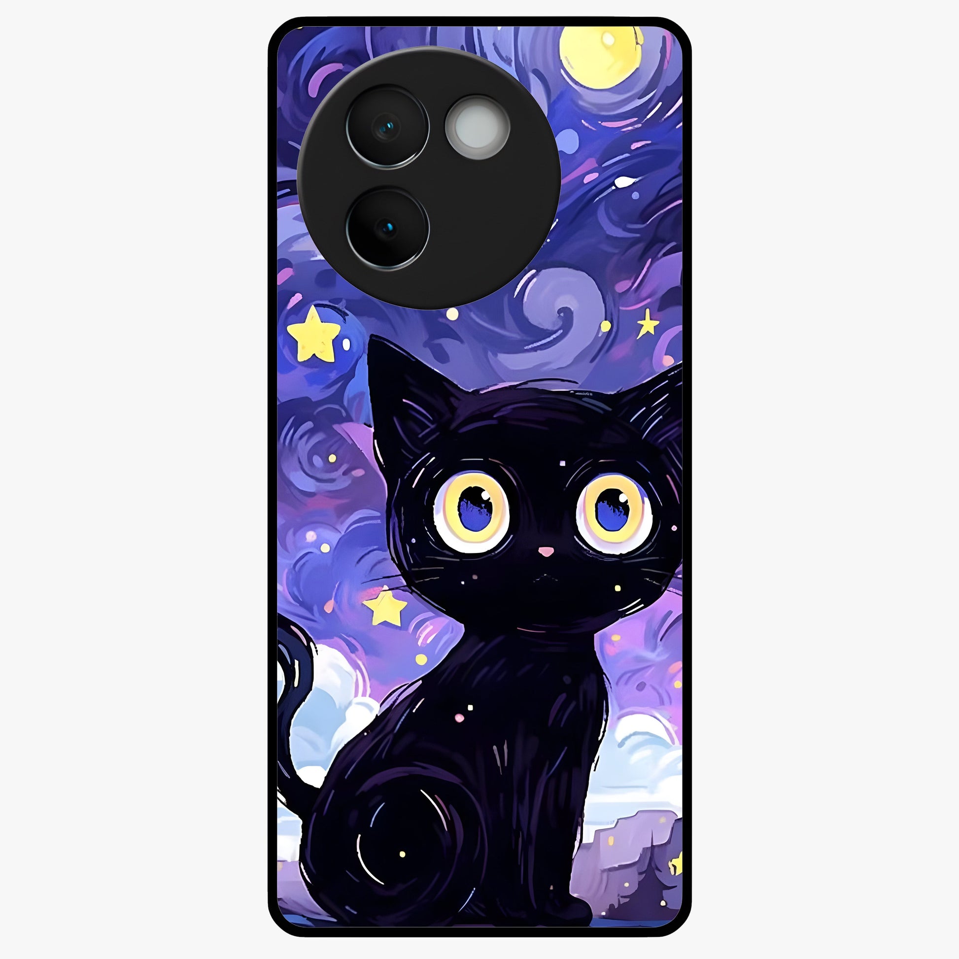 Abstract Cat Art Glass Case showing flat back view with artistic cat illustration and glossy glass finish.