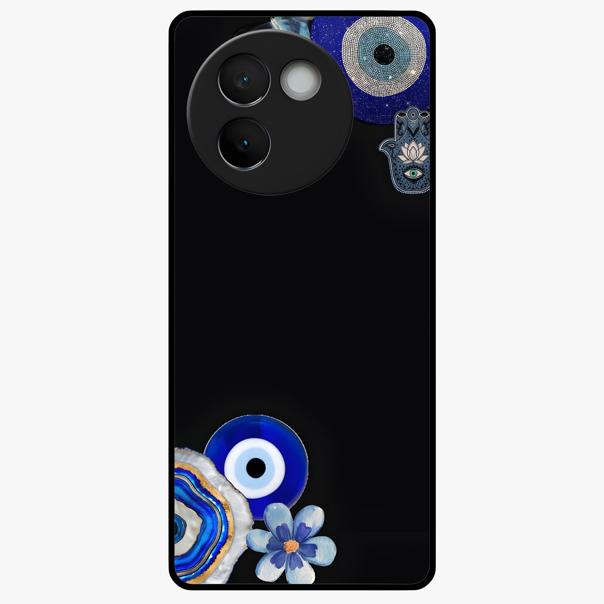 Aesthetic Blue Evil Eye Glass Case showing flat back view with protective evil eye artwork and glossy glass finish.