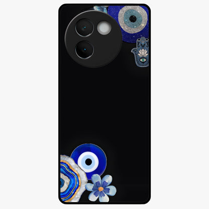 Aesthetic Blue Evil Eye Glass Case showing flat back view with protective evil eye artwork and glossy glass finish.