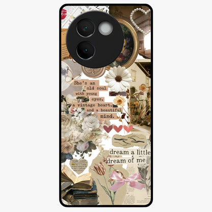 Aesthetic Brown Vintage Collage Glass Case showing flat back view with retro collage artwork and glossy glass finish.