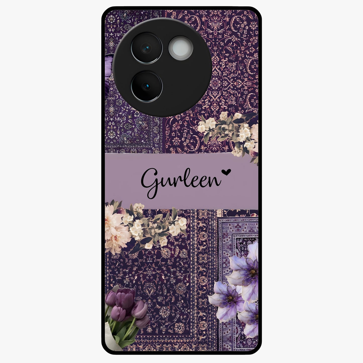 Antique Floral Whisper Custom Name Glass Case showing flat back view with vintage floral artwork and personalized name design.