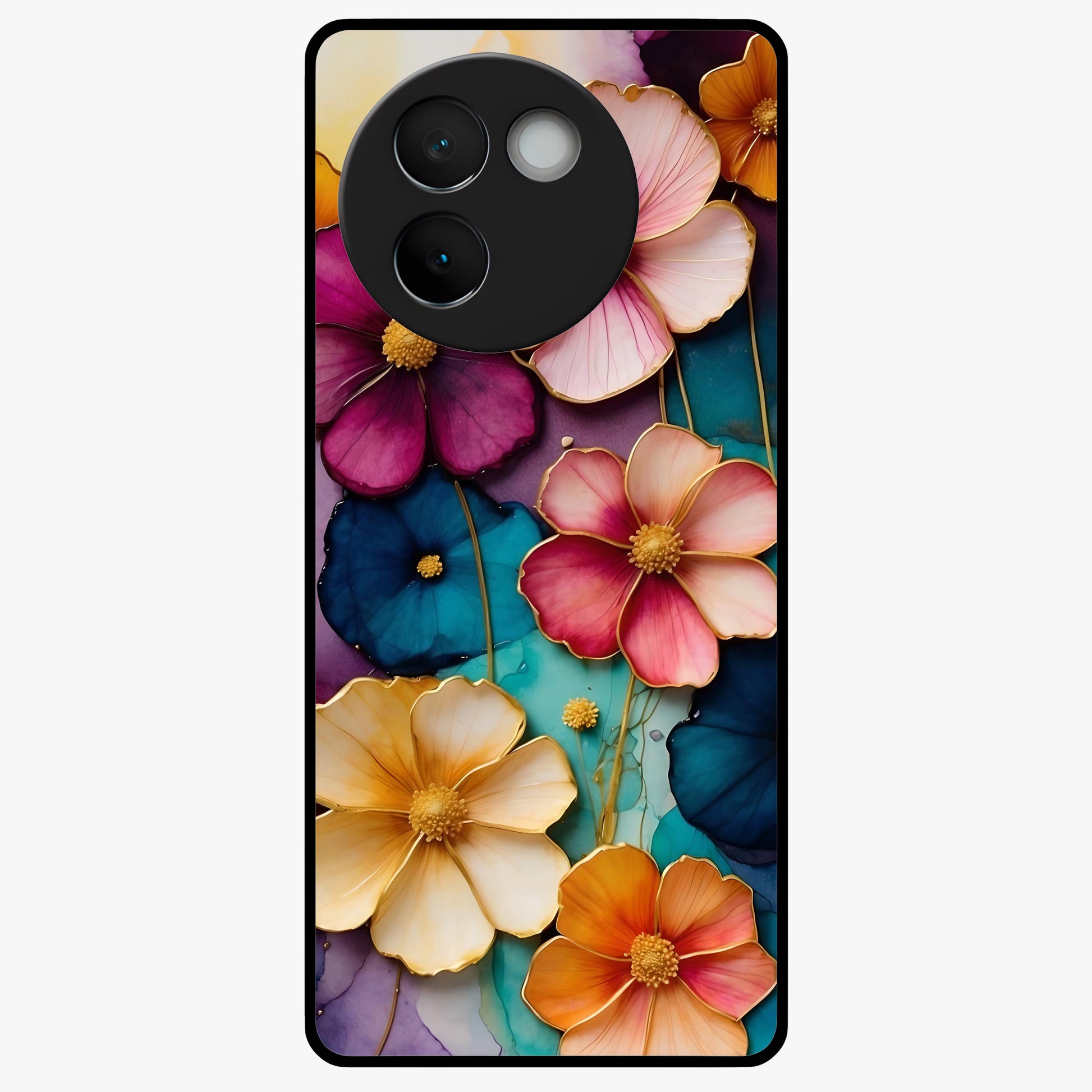 Artlyn Grace Flower Pattern Glass Case showing flat back view with elegant floral pattern artwork and glossy glass finish.