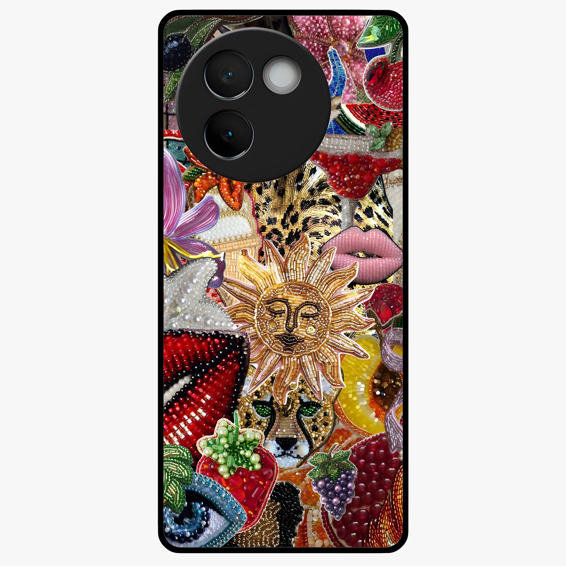 Beaded Fashion Jungle Glass Case showing flat back view with vibrant jungle inspired bead artwork and glossy glass finish.