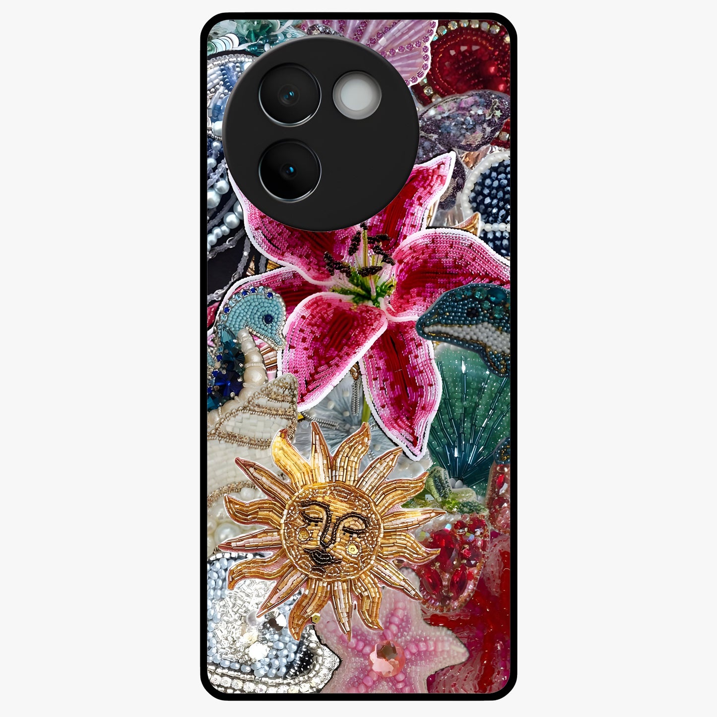 Beaded Garden Fantasy Glass Case showing flat back view with dreamy garden bead artwork and glossy glass finish.