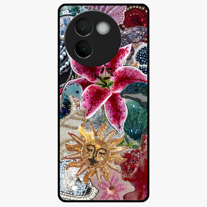 Beaded Garden Fantasy Glass Case showing flat back view with dreamy garden bead artwork and glossy glass finish.