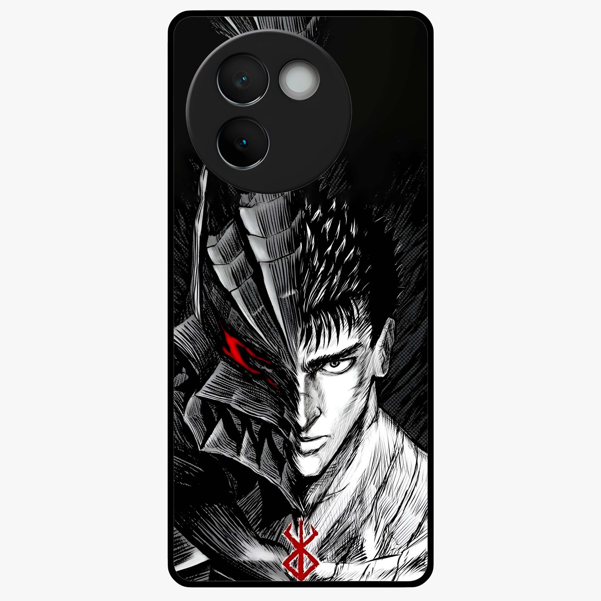 Berserker Blood Oath Glass Case showing flat back view with fierce warrior inspired artwork and glossy glass finish.