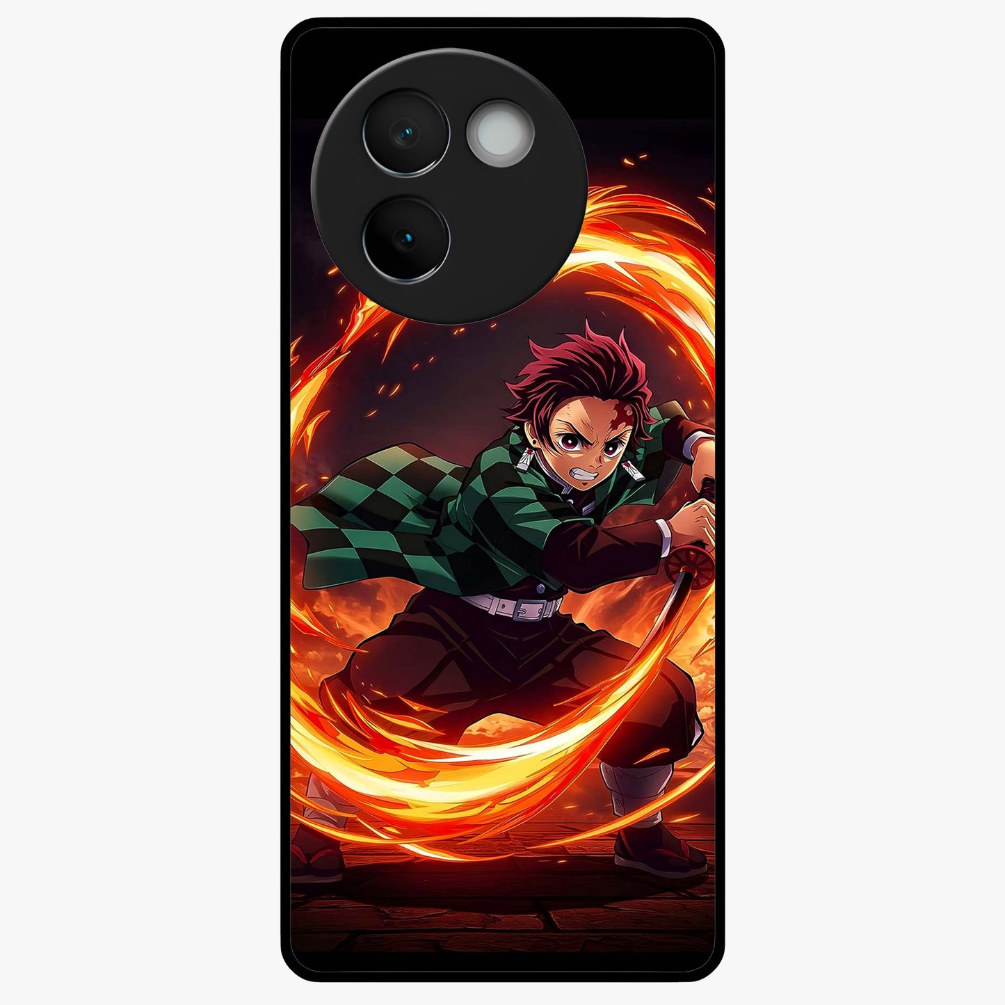 Blazing Sword Resolve Glass Case showing flat back view with fiery sword artwork and glossy glass finish.