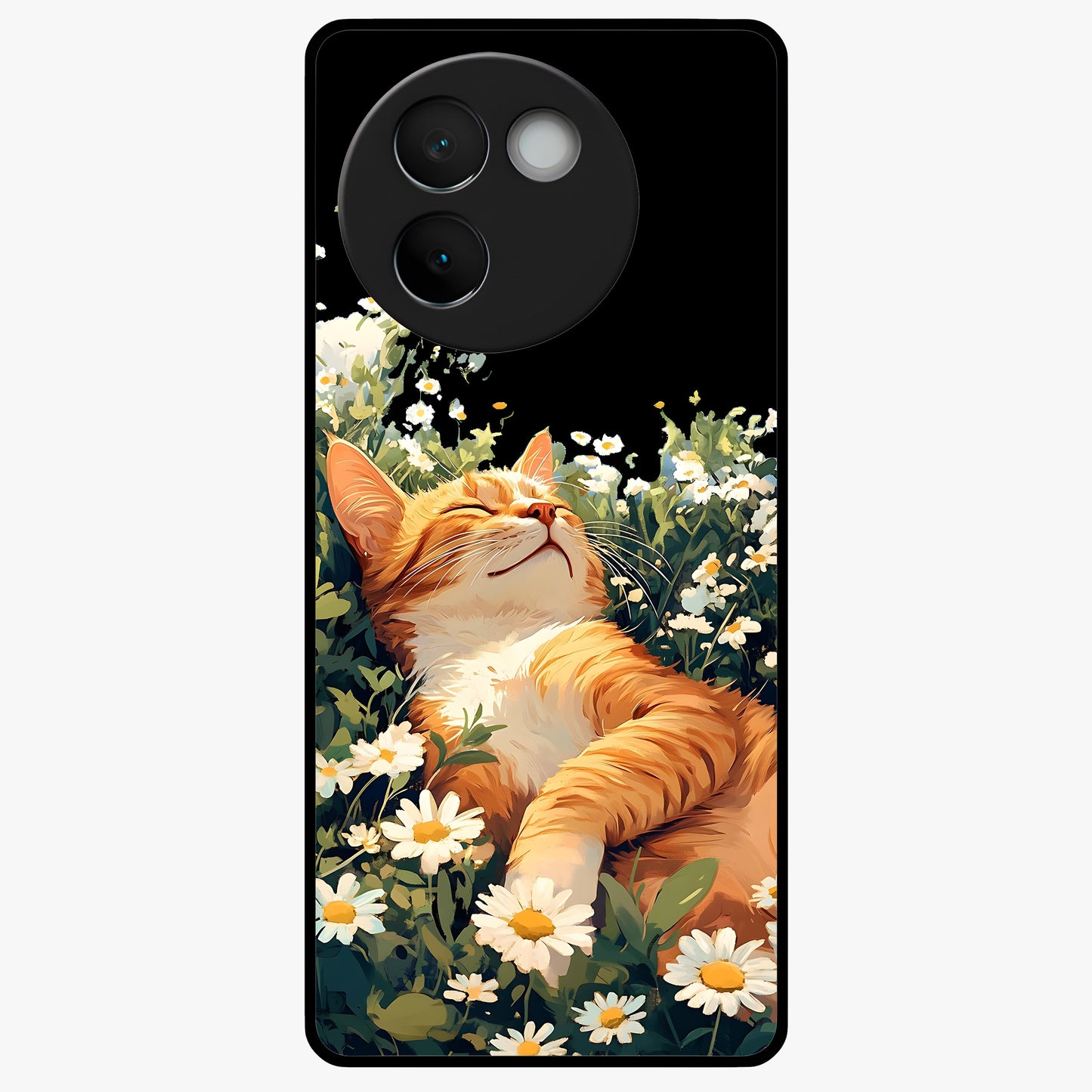 Blissful Bloom Cat Glass Case showing flat back view with cute cat and floral bloom artwork and glossy glass finish.