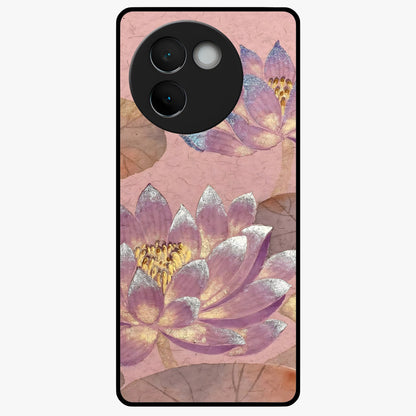 Blossom Mist Lotus Glass Case showing flat back view with serene lotus blossom artwork and glossy glass finish.