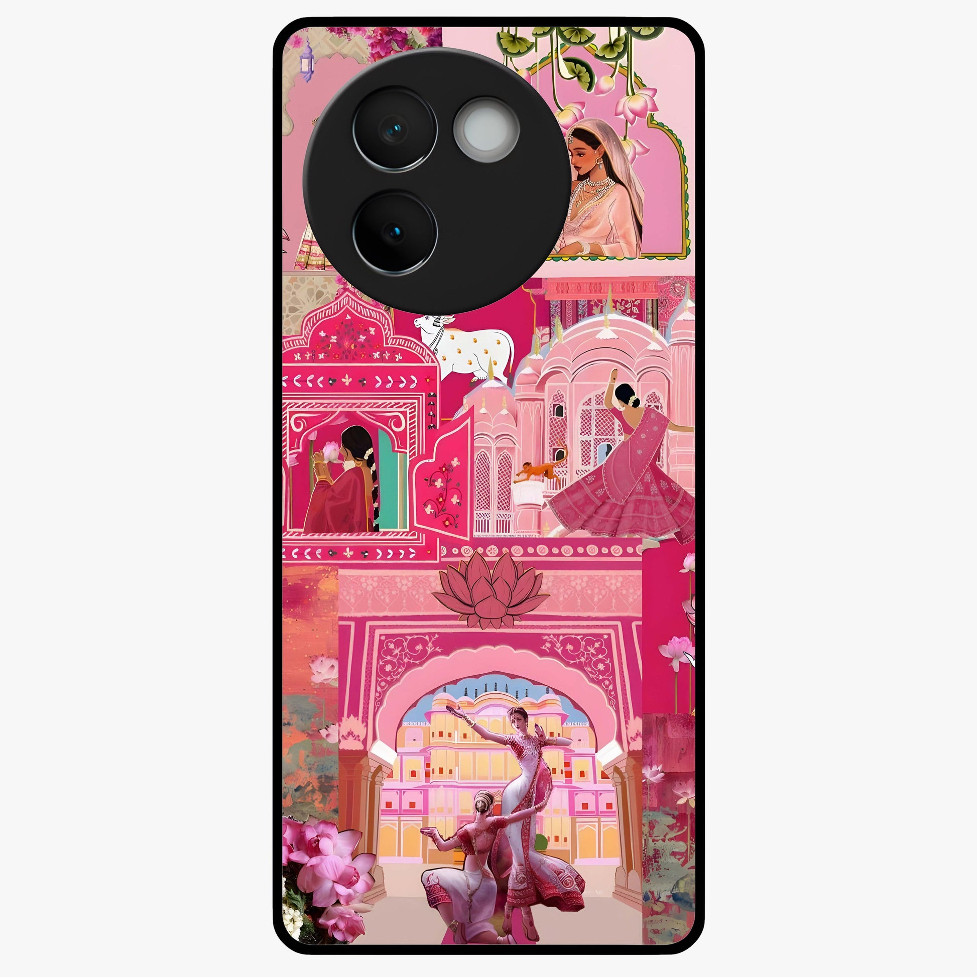 Blossoms of Rajasthan Glass Case showing flat back view with traditional floral artwork inspired by Rajasthan and glossy glass finish.