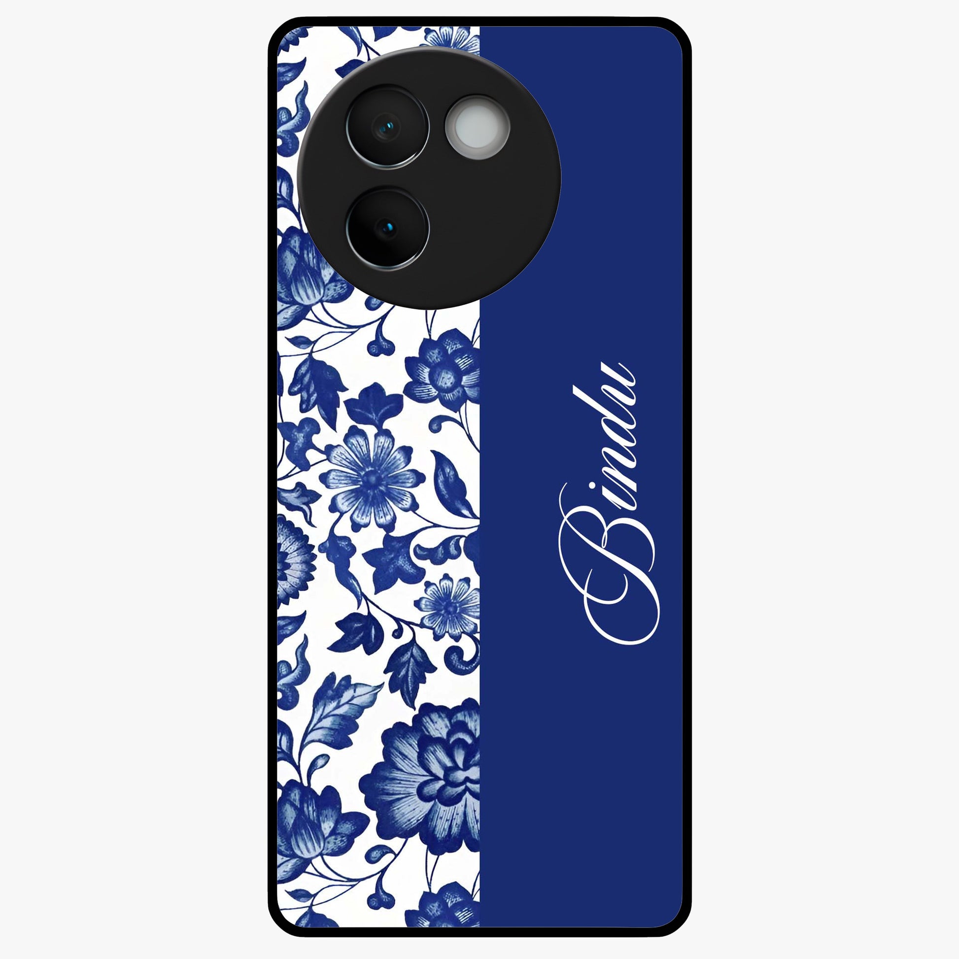 Blue Vintage Floral Pattern Glass Case upright view showcasing timeless floral illustration with vintage inspired style.