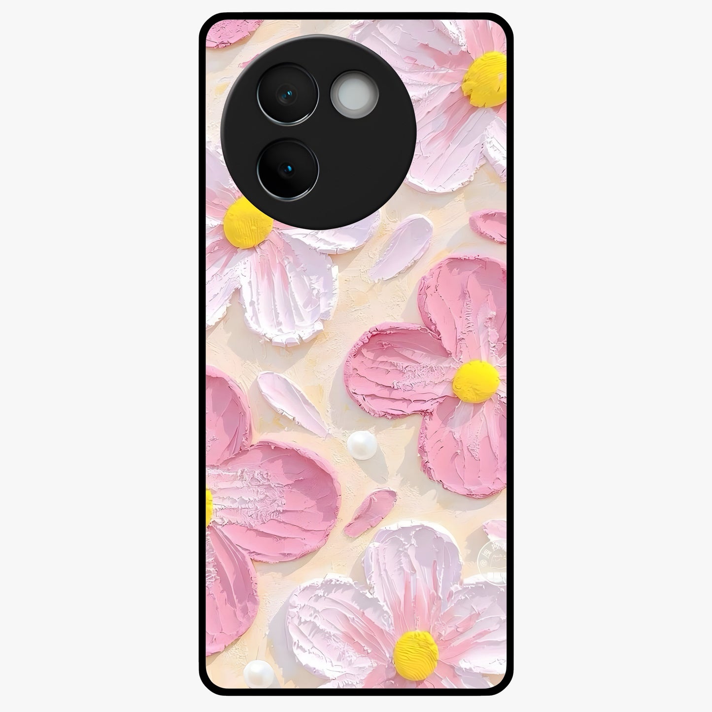 Blush Bloom Texture Glass Case showing flat back view with soft blush floral texture artwork and glossy glass finish.