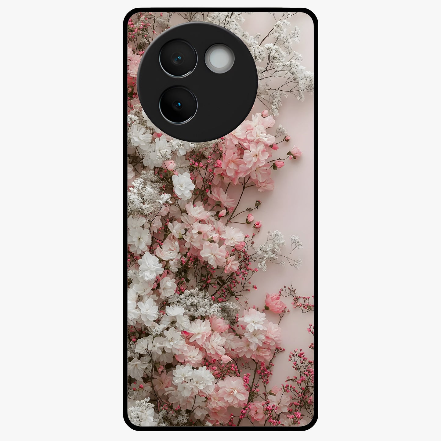 Blush Blossom Cloud Glass Case showing flat back view with dreamy blush cloud blossom artwork and glossy glass finish.