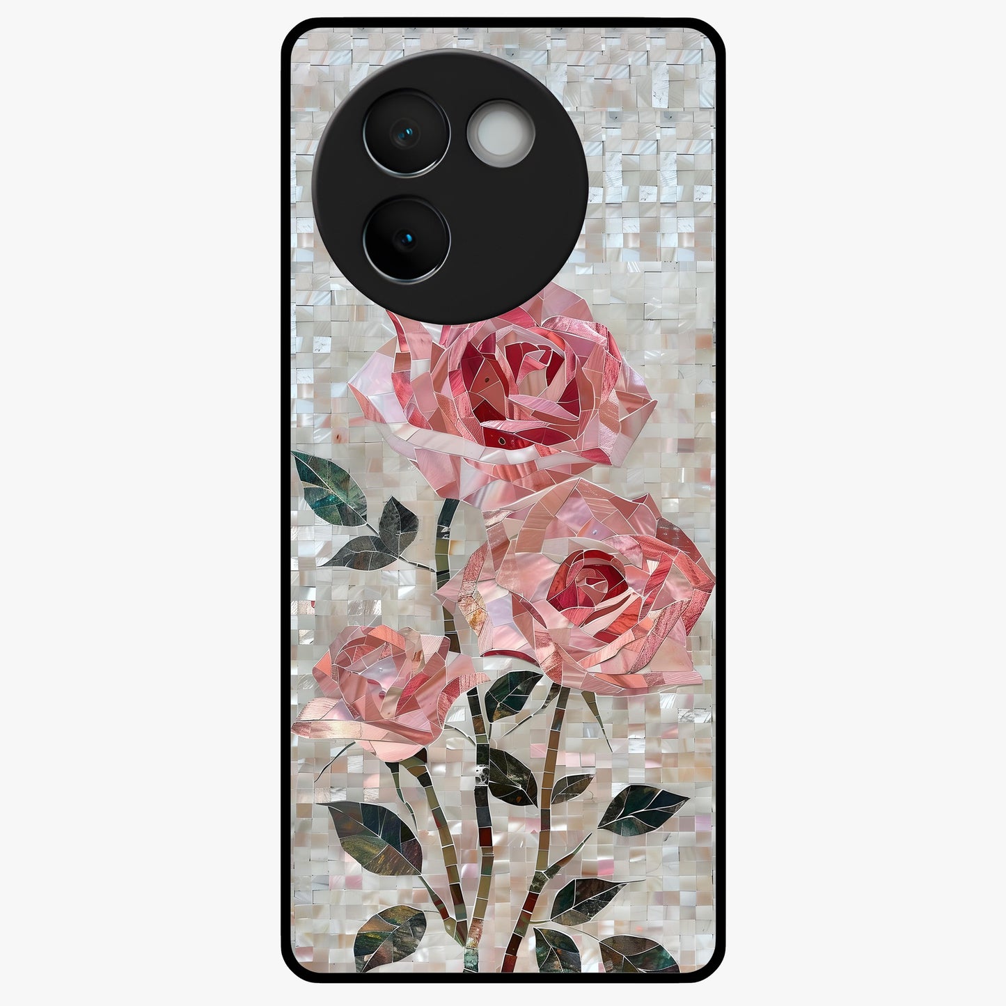 Blush Mosaic Bloom Glass Case showing flat back view with mosaic floral bloom artwork and glossy glass finish.