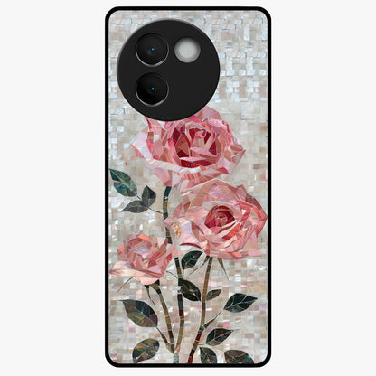 Blush Mosaic Bloom Glass Case showing flat back view with mosaic floral bloom artwork and glossy glass finish.