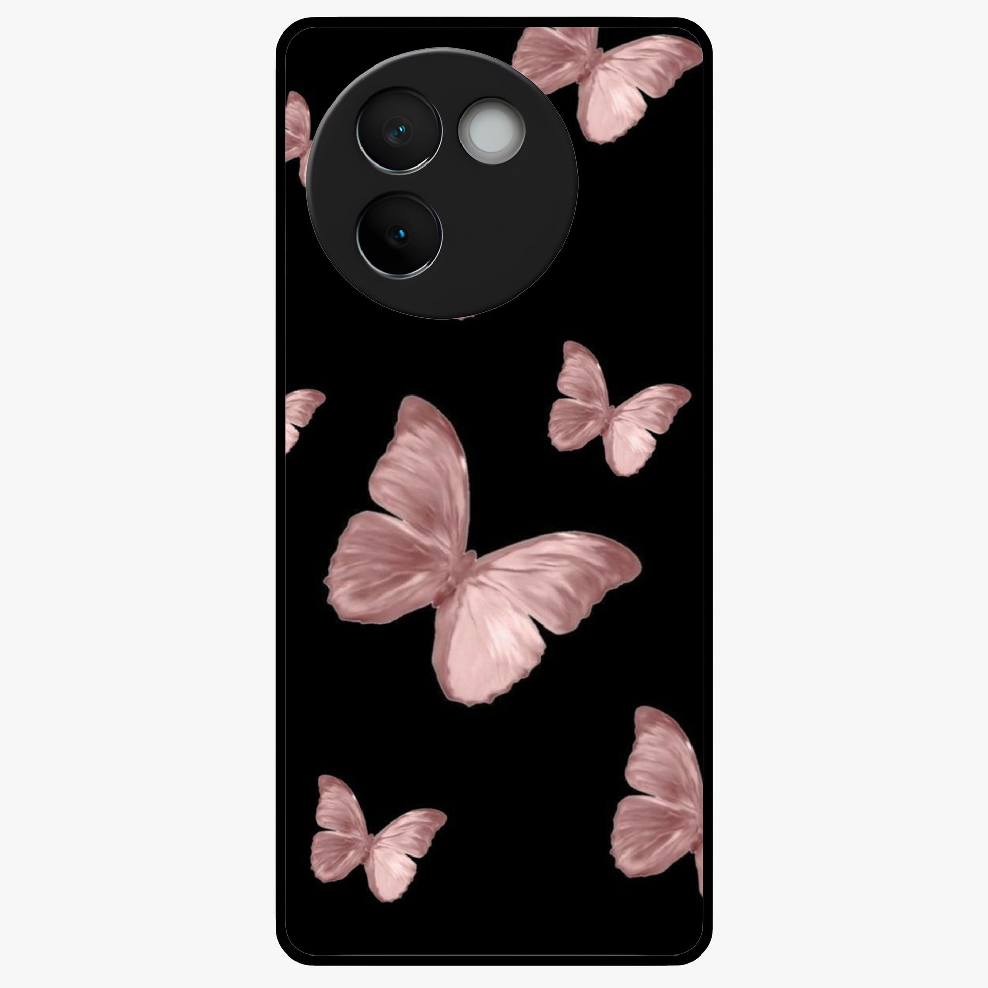 Butterfly Pattern Glass Case showing flat back view with elegant butterfly pattern artwork and glossy glass finish.