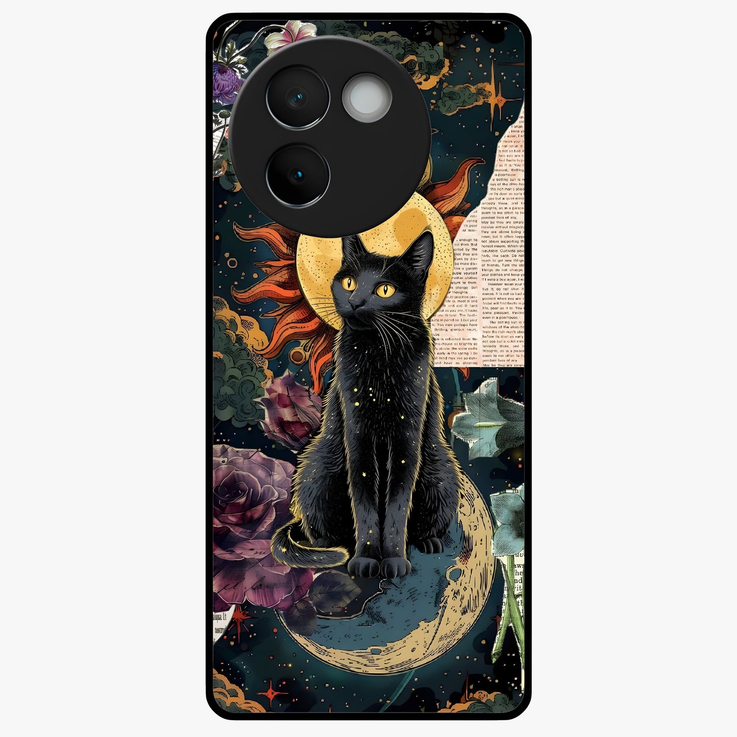 Celestial Black Cat Glass Case showing flat back view with mystical black cat artwork and glossy glass finish.