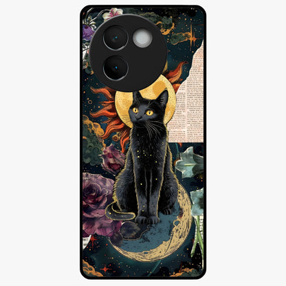Celestial Black Cat Glass Case showing flat back view with mystical black cat artwork and glossy glass finish.