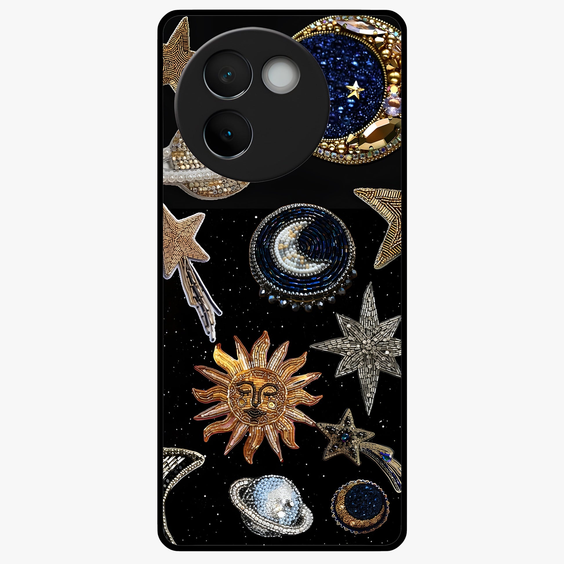 Celestial Gem Constellations Glass Case showing flat back view with sparkling constellation artwork and glossy glass finish.