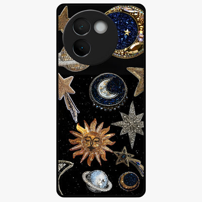 Celestial Gem Constellations Glass Case showing flat back view with sparkling constellation artwork and glossy glass finish.